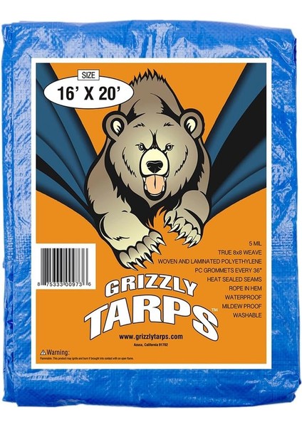 Tarafından Grizzly Tarps 16' x 20' Büyük Çok Amaçlı Su Geçirmez Ağır Hizmet Tipi Poli Tarp Grometli Her 36 Inç, 8x8 Dokuma, 5 Mil Kalınlığı, Ev, Tekneler, Arabalar, Kamp, Koruyucu Kılıf Için,