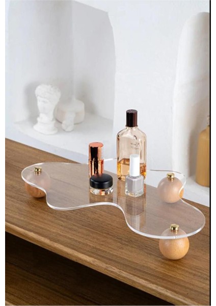 Şeffaf Ahşap Top Ayaklı Gold Düğmeli Organizer, Şık ve Pratik Düzenleyici