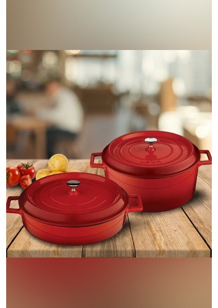 Kırmızı 24CM ve 28CM Yuvarlak Sığ Demir Döküm Tencere Seti, Şık ve Dayanıklı.