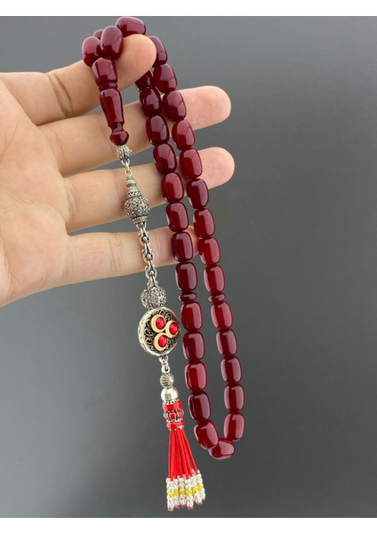 Osmanlı Benzetme Vişne Renk Sıkma Kehribar 3 Hilalli 925 Ayar Gümüş Püsküllü