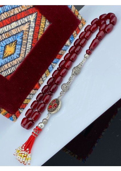 Osmanlı Benzetme Vişne Renk Sıkma Kehribar 3 Hilalli 925 Ayar Gümüş Püsküllü fiyatları