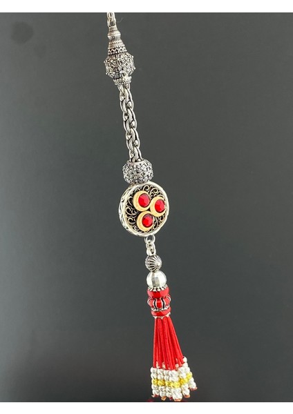 Osmanlı Benzetme Vişne Renk Sıkma Kehribar 3 Hilalli 925 Ayar Gümüş Püsküllü modelleri