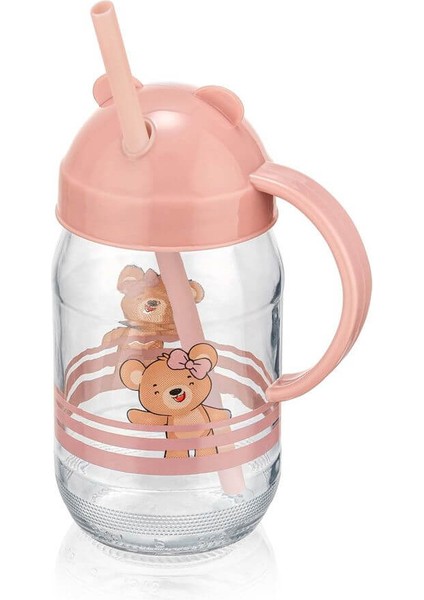 Qlux Pipetli Bardak Çoçuk Bebek Alıştırma Bardağı Bpa Içermez Cam Ayıcık Desenli Bardak