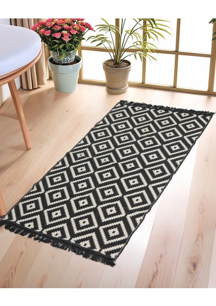 60X85 Çift Taraflı Yıkanabilir Siyah-Beyaz Halı Kilim