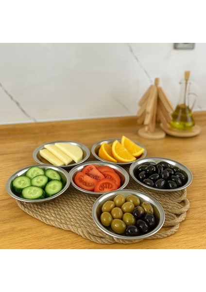 6'lı Paslanmaz Çerezlik ve Kahvaltı Tabak Seti, Dekoratif Sunum Tepsisi