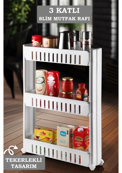 3 Katlı Tekerlekli Çok Amaçlı Mutfak Düzenleyici Raf Beyaz