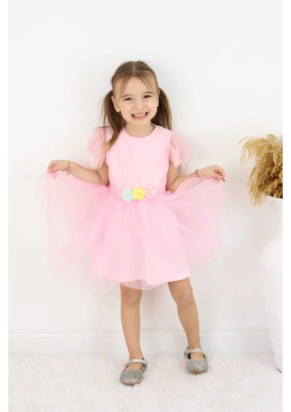 Kız Çocuk Elbise Kemerli Kolu Fırfırlı Tüllü Elbise Astarı Penye Özel Günler Için 2-6 Yaş
