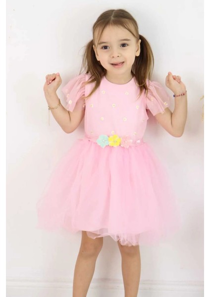 Kız Çocuk Elbise Kemerli Kolu Fırfırlı Tüllü Elbise Astarı Penye Özel Günler Için 2-6 Yaş fiyatları