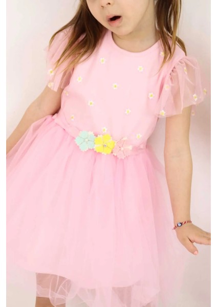 Kız Çocuk Elbise Kemerli Kolu Fırfırlı Tüllü Elbise Astarı Penye Özel Günler Için 2-6 Yaş modelleri