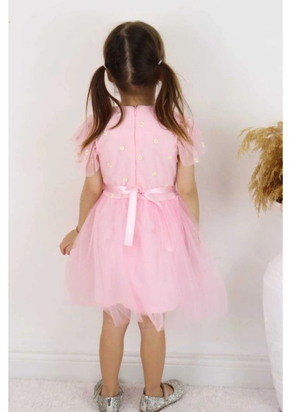 Kız Çocuk Elbise Kemerli Kolu Fırfırlı Tüllü Elbise Astarı Penye Özel Günler Için 2-6 Yaş fırsatları