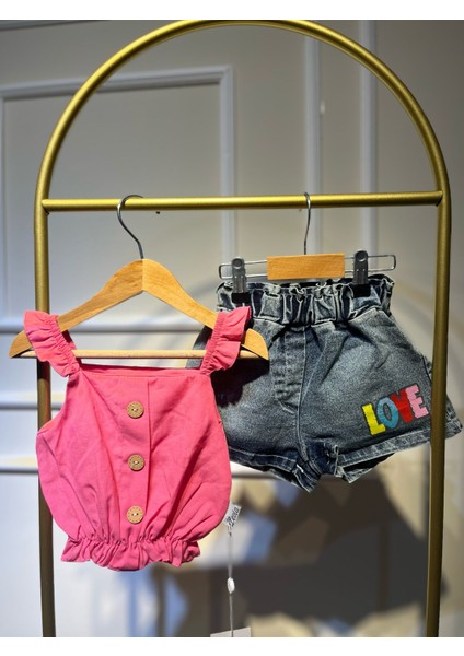 Levia Pembe Kot Şortlu Love Baskılı Kız Bebek Alt-Üst Takım modelleri