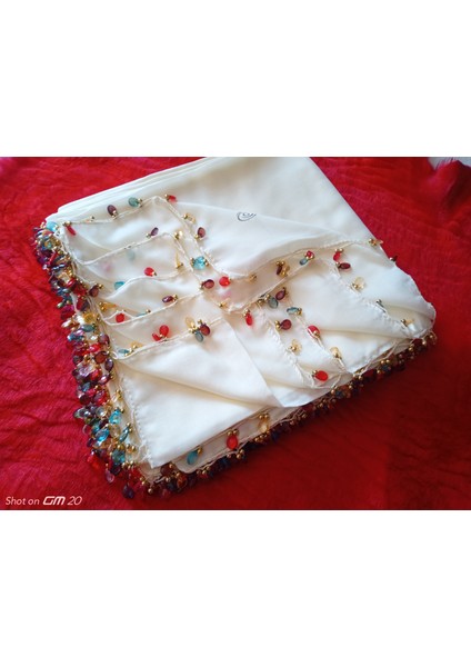 El Emeği Kristal Damla Boncuklu Yazma ,tülbent Yemeni, Fular ,4 Kenar Oyalı