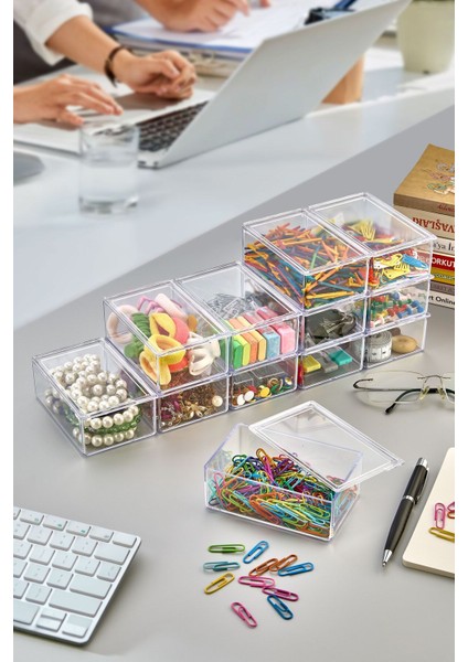 12'li Akrilik Kapaklı Mini Kase Seti, Beyaz, Hobi ve Düzenleme Için Ideal