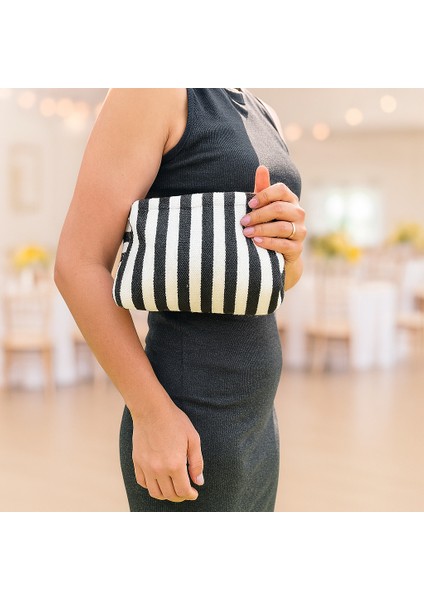 Çizgili Kanvas Kumaş Astarlı Burslu Clutch Çanta–günlük,gece,plaj ve Makyaj Çantası Kullanımlı modelleri