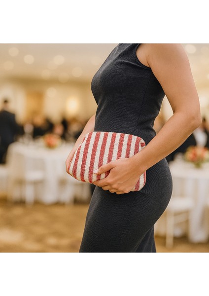 Çizgili Kanvas Kumaş Astarlı Burslu Clutch Çanta–günlük,gece,plaj ve Makyaj Çantası Kullanımlı indirimleri
