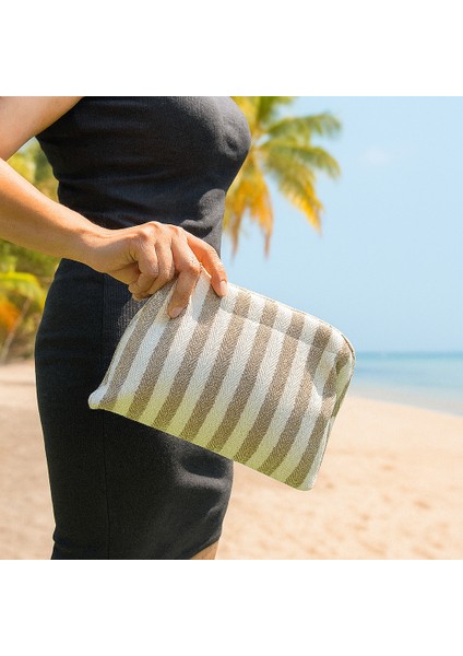 Çizgili Kanvas Kumaş Astarlı Burslu Clutch Çanta–günlük,gece,plaj ve Makyaj Çantası Kullanımlı