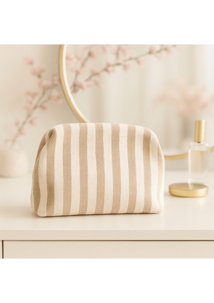 Çizgili Kanvas Kumaş Astarlı Burslu Clutch Çanta–günlük,gece,plaj ve Makyaj Çantası Kullanımlı modelleri