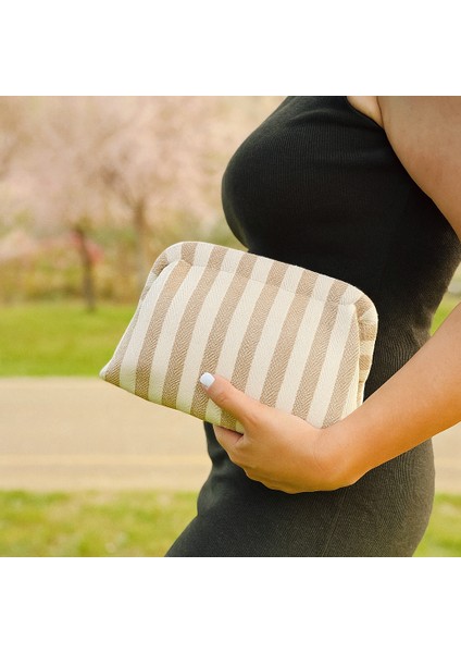 Çizgili Kanvas Kumaş Astarlı Burslu Clutch Çanta–günlük,gece,plaj ve Makyaj Çantası Kullanımlı fırsatları