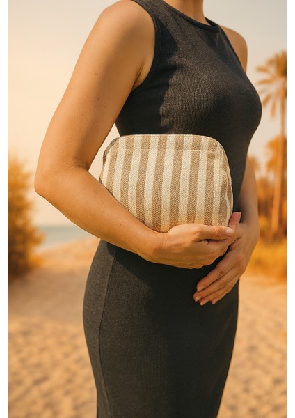 Çizgili Kanvas Kumaş Astarlı Burslu Clutch Çanta–günlük,gece,plaj ve Makyaj Çantası Kullanımlı indirimleri