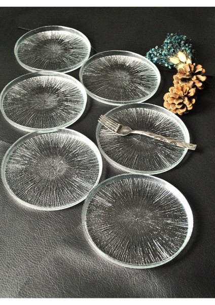 6 Parça Desenli Cam Mini Tatlı ve Pasta Tabağı Seti, 16CM, Kahverengi