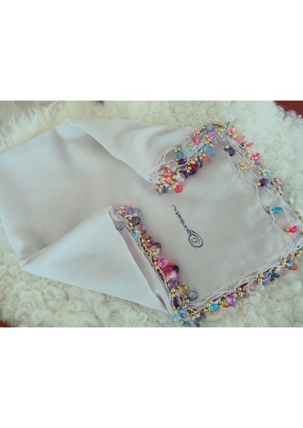 El Emeği Kristal Damla Boncuklu Yazma ,tülbent Yemeni, Fular ,4 Kenar Oyalı