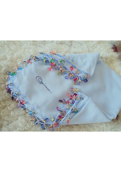 El Emeği Kristal Damla Boncuklu Yazma ,tülbent Yemeni, Fular ,4 Kenar Oyalı