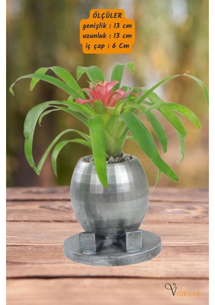 Dekoratif Saksı Gümüş Eskitme Küçük Çiçek Saksısı Yuvarlak Ayaklı Model