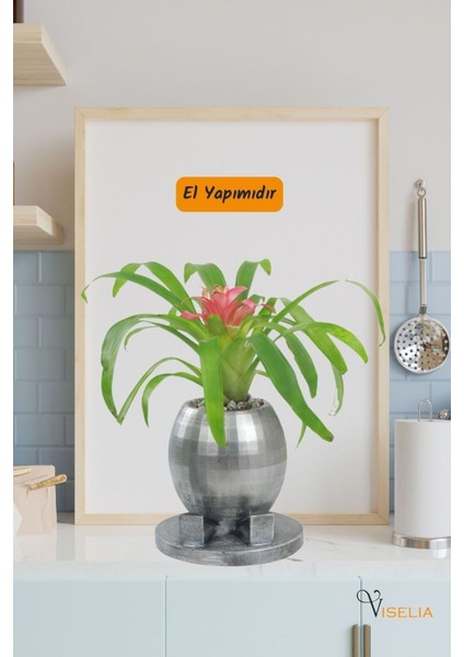 Dekoratif Saksı Gümüş Eskitme Küçük Çiçek Saksısı Yuvarlak Ayaklı Model