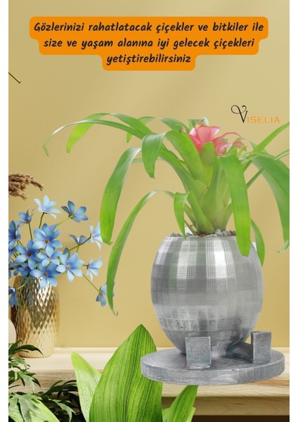 Dekoratif Saksı Gümüş Eskitme Küçük Çiçek Saksısı Yuvarlak Ayaklı Model