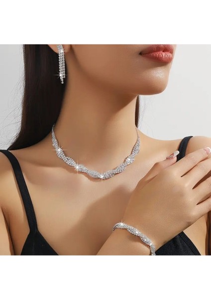 Işıltılı Şık Kadın Takı Seti -Kolye Küpe, Bilezik-Düğünler, Partiler ve Özel Günler Için Mükemmel