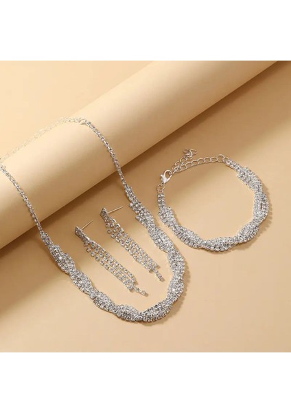 Işıltılı Şık Kadın Takı Seti -Kolye Küpe, Bilezik-Düğünler, Partiler ve Özel Günler Için Mükemmel fırsatları