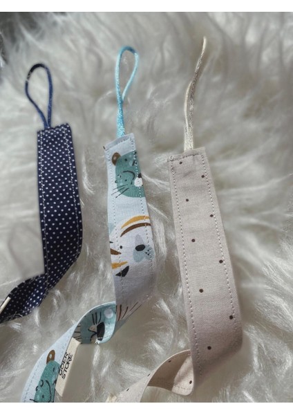 3 Lü Puantiyeli Mavi- Cappucino Pamuk Kumaş Erkek Bebek Emzik Askısı Seti