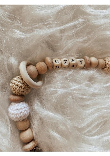 Fil Krem Beyaz Detaylı Doğal Ahşap Isımlı Bebek Emzik Zinciri fiyatları