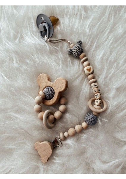 Grı Mickey Detaylı Dogal Ahsap Isımlı Bebek Emzik Zinciri Diş Kaşıyıcı Set