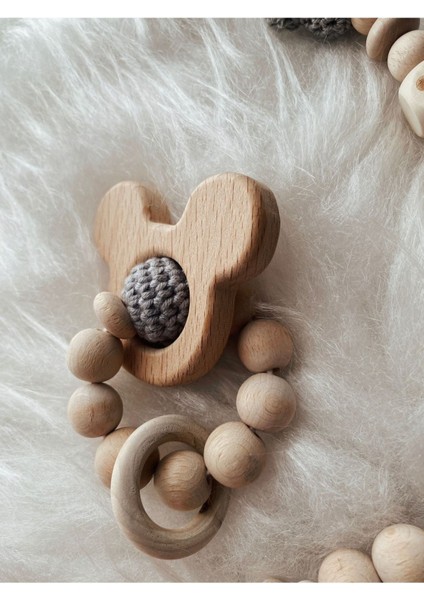 Grı Mickey Detaylı Dogal Ahsap Isımlı Bebek Emzik Zinciri Diş Kaşıyıcı Set fiyatları