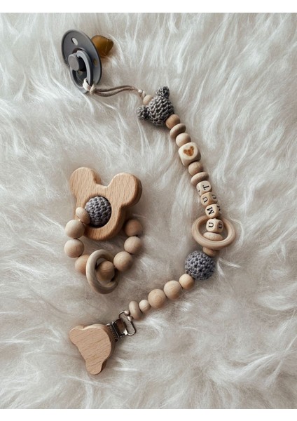 Grı Mickey Detaylı Dogal Ahsap Isımlı Bebek Emzik Zinciri Diş Kaşıyıcı Set
