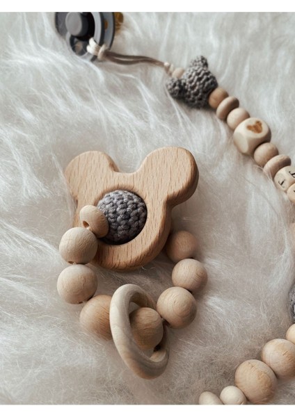 Grı Mickey Detaylı Dogal Ahsap Isımlı Bebek Emzik Zinciri Diş Kaşıyıcı Set