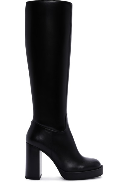 Kadın Siyah Fermuarlı Yüksek Topuklu Deri Çizme 25WFD100418