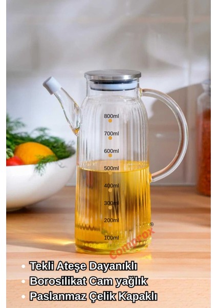 Borosilikat Cam Yağlık, Çelik Kapaklı, Şık ve Pratik Kullanım Sağlar.