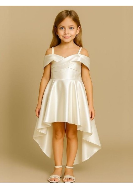 Kız Çocuk Prenses Kol Parlak Kumaş Önü Kısa Arkası Uzun Tasarım Abiye Elbise