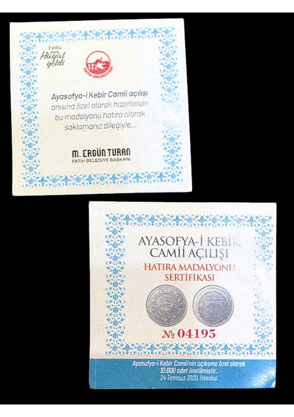 Ayasofya Camıacılısı Madalya Sertifikali modelleri