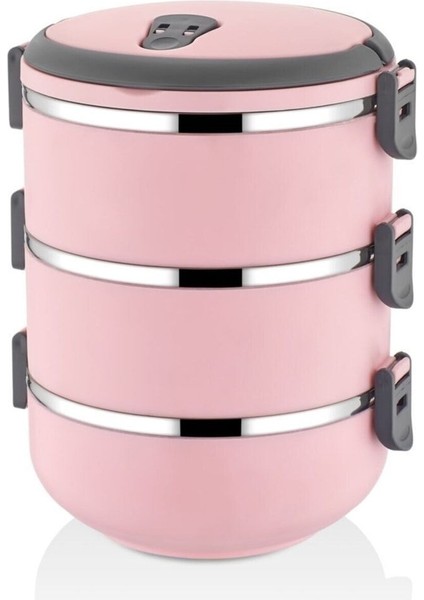 Pudra Pembe 3 Katlı Sızdırmaz Yemek Termosu, 2,25 Litre, Saklama ve Taşıma Kolaylığı