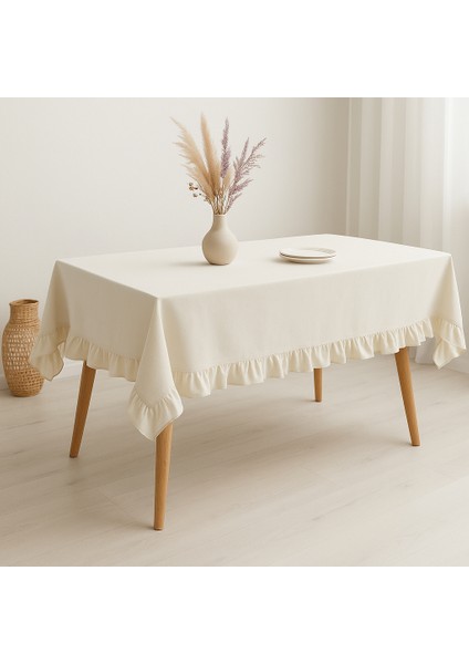 Bohem Tarz 110X110 cm Ekru Fırfırlı Masa Örtüsü – Şık ve Zarif Tasarım