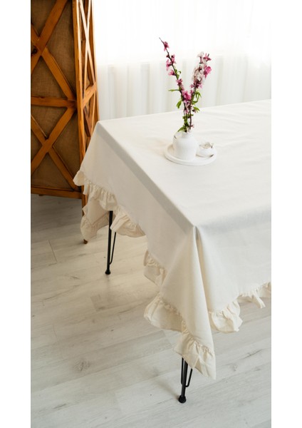 Bohem Tarz 110X110 cm Ekru Fırfırlı Masa Örtüsü – Şık ve Zarif Tasarım indirimleri