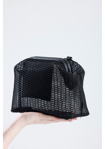 Kadın Siyah Petek Desenli Şeffaf Clutch El Çantası