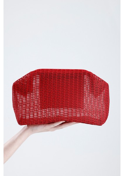 Kadın Kırmızı Petek Desenli Şeffaf Clutch El Çantası