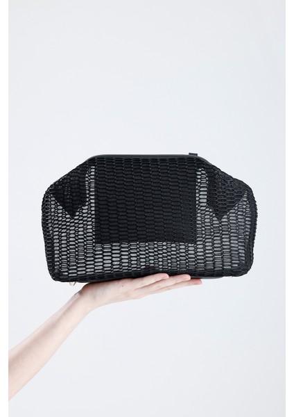 Kadın Siyah Petek Desenli Şeffaf Clutch El Çantası