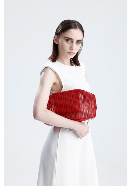 Kadın Kırmızı Petek Desenli Şeffaf Clutch El Çantası