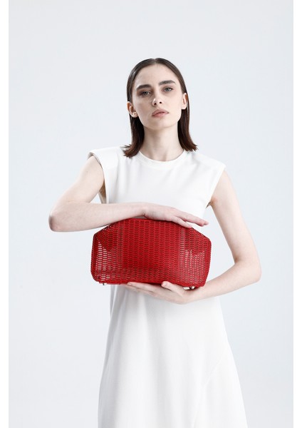 Kadın Kırmızı Petek Desenli Şeffaf Clutch El Çantası