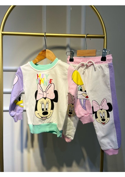 Hi Mini Beyaz Kol Desenli Kız Çocuk Alt-Üst Takım